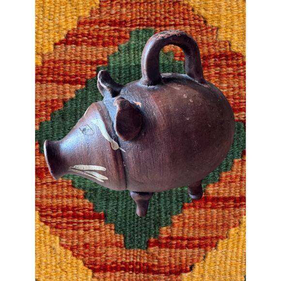Other - Vintage Mexican Folk Art Terracotta Piggy Bank with Handle 5” Brown Pottery